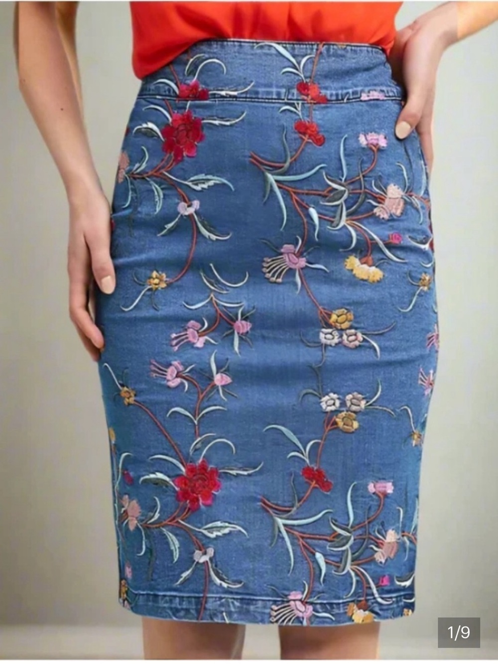 Maeve Denim Pencil Skirt with Multicolor Floral Embroidery Women’s Size 4